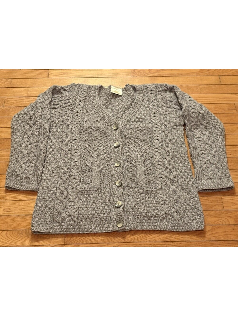 Kilronan Knitwear Wool Aran Cable Knit Size L Gray Tree Motif Made In Ireland